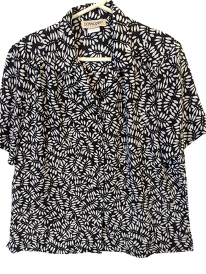 Blusa Donnkenny Classics Mujer XL Negra Estampado Hoja Abotonada Manga Corta Top Foto 1 de 4