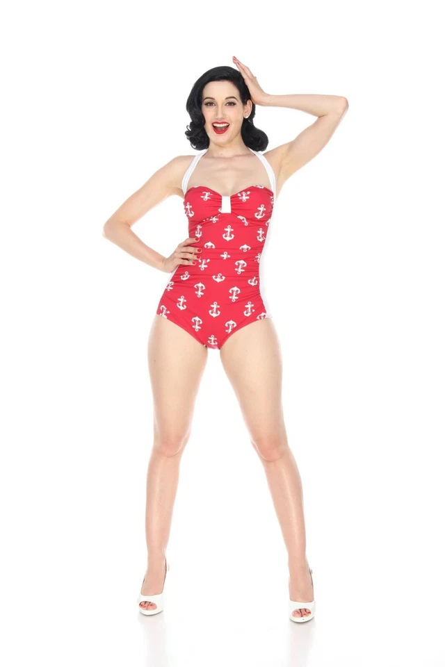 Bettie Page Red White Anchor Nautical Swimsuit retro 50's 40's Sailor Pinup Girl - Image 1 of 4