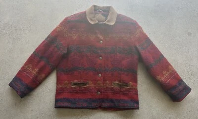Chaqueta Vintage Woolrich Rojo Lana Cuero Gamuza Pana Borde Floral Rosa Talla L Foto 1 de 4