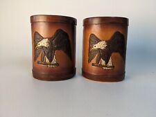 Vintage Hand Worked Leather Tooled Bookends American Bald Eagle Wood USA Murica