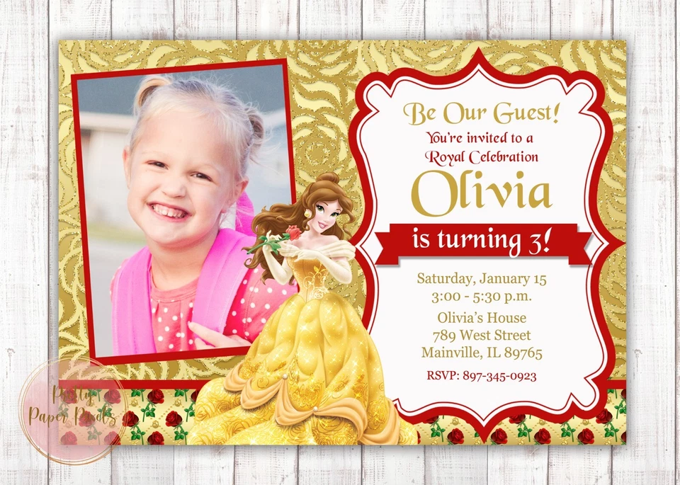 Princess Belle Birthday Party Invitation, Beauty Beast, Digital or  Printed - Image 1 of 1
