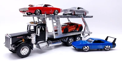 Kenworth NewRay Car Hauler 1/32 Diecast + 4 Cars Challenger Chevelle... - Image 1 of 4