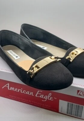 American Eagle Mujer Negro, Gamuza Imitación Oro Hebilla Frontal, Mocasines Planos, Talla 8.5 Foto 1 de 4