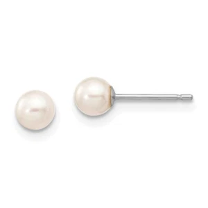 10k White Gold 4-5mm White Round Freshwater Cultured Pearl Stud Post Earrings - Picture 1 of 4