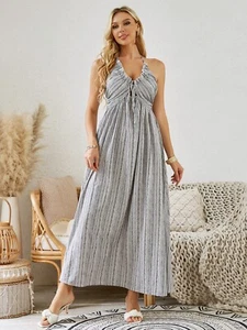 Bohemian Halter Maxi Dress - Women's Summer Striped Sleeveless Flowy Beach Dress - Picture 1 of 6