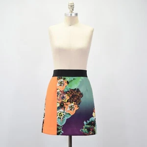 Milly Skirt 4 Orange & Teal Mixed Floral Print Stretch Neoprene Fabric Mini - Picture 1 of 6