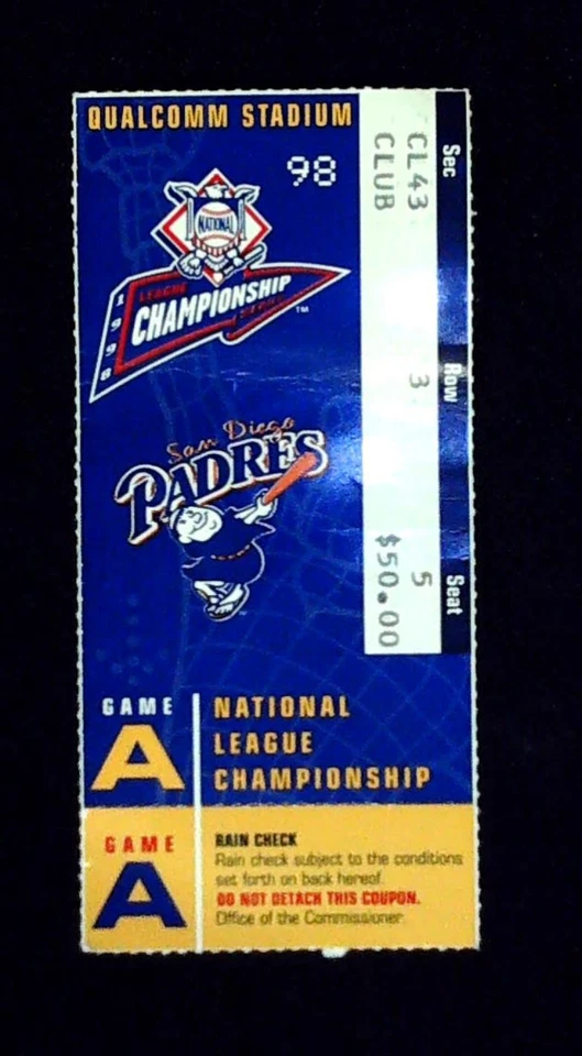 Padres Braves MLB Playoffs NLCS Game 3 A Qualcomm Season Ticket Stub 10/10/1998 - Image 1 of 2