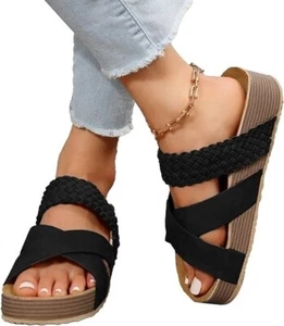 Outdoor Slippers Women's US 6-10 Black Braided Detail Wedge Summer Beach Sandals - Picture 1 of 6