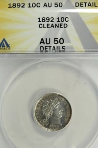 1892 Barber Dime : ANACS AU50 Details - Picture 1 of 4