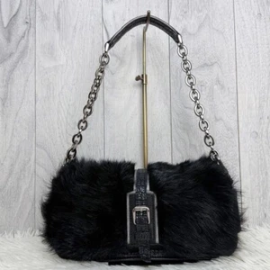 Longchamp Fur Embossed Leather Chain Shoulder Bag Black Women's Used - Picture 1 of 9