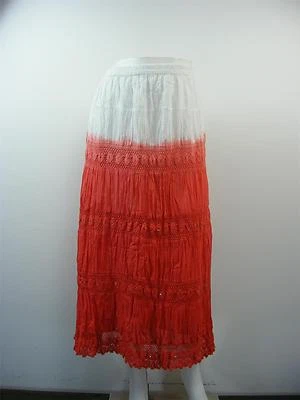 Saia ELEMENTZ branca e ombre vermelha forrada camponesa longa em camadas nova com etiquetas tamanho XL-W35-42"xL35 - Imagem 1 de 4