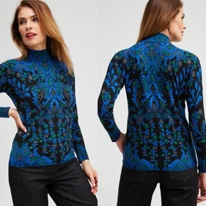 New Chico’s ECOVERO Medallion Turtleneck Sweater Blue Green Paisley Small Layer - Picture 1 of 15