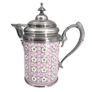 Antique Vintage Graniteware Enamel & Pewter Coffee Pot Pink Chicken Wire Dogwood - Picture 1 of 9
