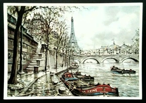 Vintage Paris Photochrome Postcard Quai Anatole France & Eiffel Tower - Picture 1 of 2