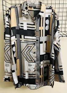 Karl Lagerfeld Paris Black Tan Silver Button Down Blouse Sz M Logo - Picture 1 of 5