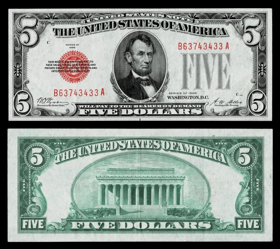 1928 $5 Red Seal United States Note~ABOUT UNCIRCULATED - Image 1 of 1