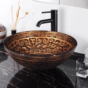 Aquaterior Round Bathroom Vessel Sink Tempered Glass Antique Vanity Bowl Basin - Picture 1 of 9