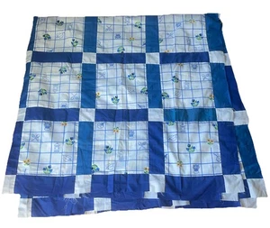 Vintage Handmade Blue White Grid Patchwork Quilt Topper/Tablecloth 86x86" - Picture 1 of 6