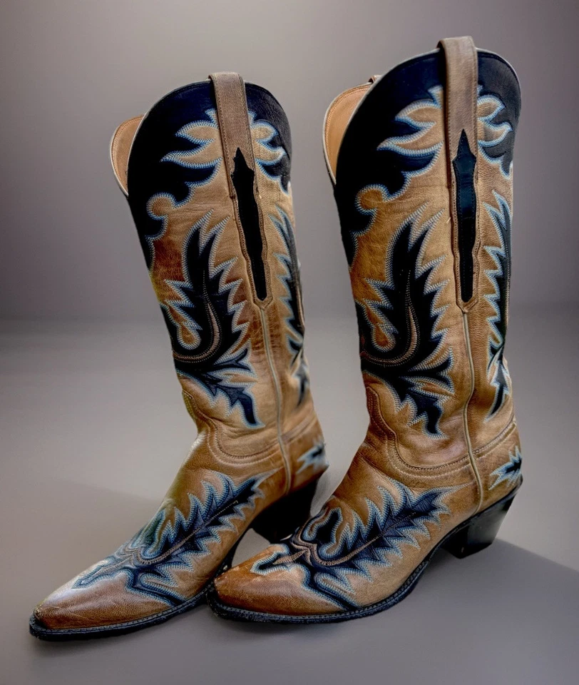 Lucchuse, Rare Vintage Inlay Cowboy Boots Women’s 8 Pearl Bone Mad Dog Goat - Image 1 of 4