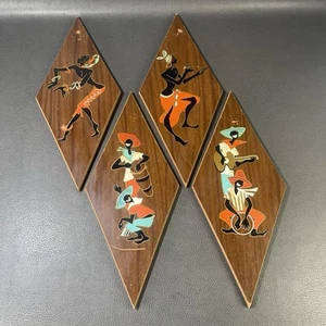 4 Vintage MCM Calipso Dancers Turner Wall Accessory Diamond Wood Art Plaques - Picture 1 of 8