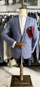 NEW Gorgeous Blue Checked Wool/Linen De Corato Sartoria Sport Coat 38R US 48R IT - Picture 1 of 18