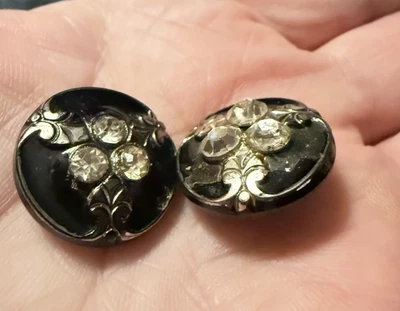 Vintage pair of LE CHIC black glass Buttons Rhinestones silver leaf scroll shank - Image 1 of 4