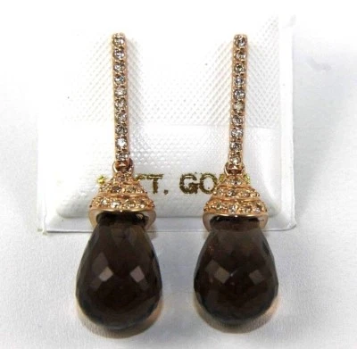 Briollete 棕色烟熏黄玉和钻石吊坠耳环 14K 玫瑰金 10.03 克拉 — 第 1/4 张图片