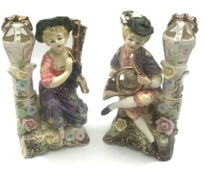 Vintage VCAGO Pair of Porcelain Musicians Figurine 7" Roses Lamppost Japan - Picture 1 of 10