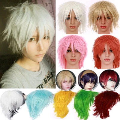 Pelucas naturales cortas de EE. UU. Peluca de pelo sintético con flequillo lateral para hombres mujeres Juegos con disfraces Foto 1 de 4