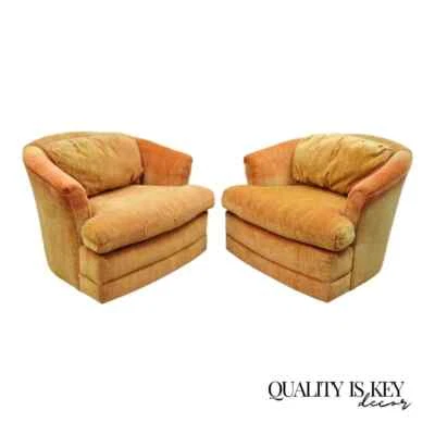 Mid Century Modern Orange Upholstered Swivel Lounge Club Chair by Flexsteel Pair - Image 1 of 4