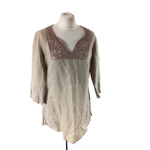 Malvin Womens I Love 100% Linen Embroidered Tunic Dress Beige M 10 3/4 Sleeve - Picture 1 of 11