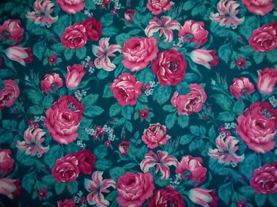 Quilt Fabric 1 3/8 Yard Dk Pink Floral Roses Green Leaves on Dk Green Cotton Vtg - Image 1 of 2
