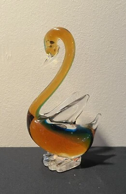 Murano Glass Swan Clear Amber Gold with Original Sticker - Image 1 of 4