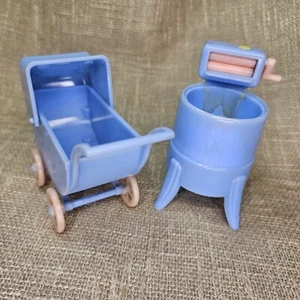Vintage Renwal Stroller Buggy & Washer Dollhouse Furniture Blue Plastic 1:16 - Picture 1 of 21