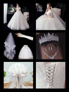 Wedding dress, with bateau neckline, adjustable size L, accessories included. - Picture 1 of 9
