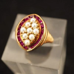 14k Yellow Gold Ruby & Seed Pearl Cocktail Ring - Free Shipping USA - Picture 1 of 7
