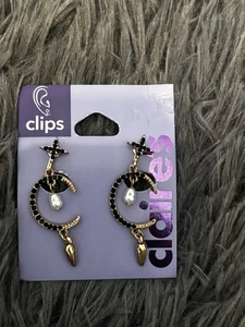 Claire’s Clip-On Earrings – Gold with Black Stones | New - Picture 1 of 3