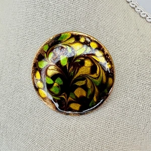 VTG Enamel on Copper Brooch Signed INGA – 1960s Abstract Green, Gold & Brown - Picture 1 of 7