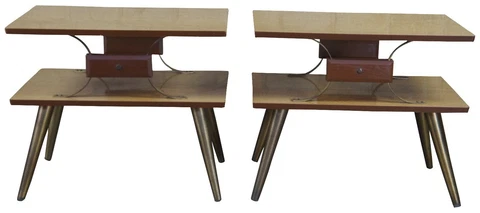 2 Mid Century Modern Two Tier Brass & Oak Laminate Side End Accent Tables Cover