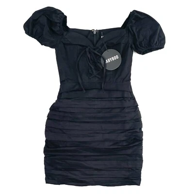 Babyboo Gabrielle Mini Dress Bodycon Tie Front Puffed Sleeve Black Size XS New - image 1 of 4
