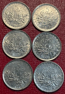 LOTE DE ALTA CALIDAD MONEDAS DE 6 FRANCOS 5 FRANCOS - 1970, (2) 1971, 1972, 1973, 1991 - ABR177 Foto 1 de 2