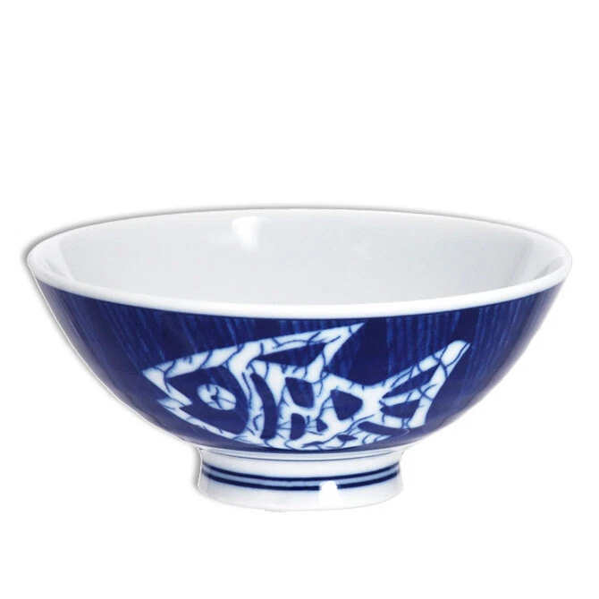 Tigela de sopa de arroz japonesa 4,75"D porcelana azul peixe Dami Sakana feito no Japão - Imagem 1 de 1