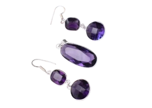 925 Argento Sterling Ametista Gemma a Mano Ciondolo Orecchini Lei Festa Gift's - Foto 1 di 8