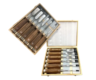 Walnut Handles Wood Chisel Set 6 pcs & 2 Sharpening Stone Kit Wooden Case - Image 1 of 4