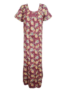Boho Maxi Dress Cotton Nightgown Paisley Print Purple Nightwear Loose Kaftan XL
