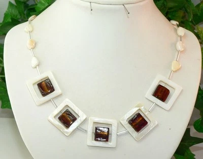 Halskette weißer Perlmutt Rahmen Lampwork Quadrate Silberfolie Dunkelbraun 278aa - Bild 1 von 3