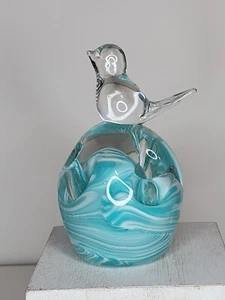 1988 Gibson Art Glass 3 Hole Pen Pencil Holder Paperweight Bird Top Light Blue - Picture 1 of 7