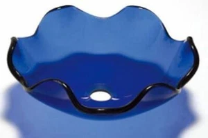 BLUE GLASS BASIN SINK WASH BOWL DESIGNER BATHROOM FLUTED PETAL FLOWER VESSEL - Picture 1 of 5