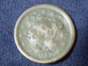 1851 BRAIDED HAIR LARGE CENT, FILLER, TURD, BEAT TO DEATH, FREE SHIPPING #69 - Picture 1 of 2