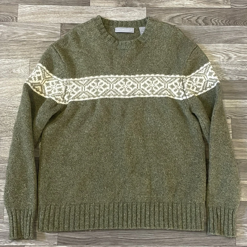 Vintage Marconi Lambswool Sweater Men’s XL Green White Fair Isle 90s Classic - Image 1 of 4